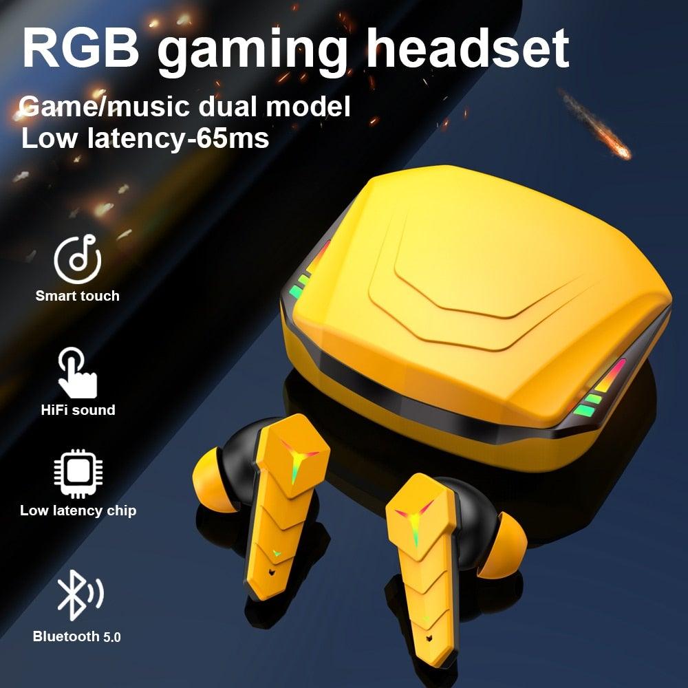 Écouteurs Gaming RGB Jaunes Bluetooth 5.0 Faible Latence Casque Stéréo Sans Fil Écouteurs Basses Avec Micro Casque Lecteur de Musique Portable Son HiFi Écouteurs Sport Avec Étui de Charge Pour Course en Extérieur Entraînement en Salle de Sport 65ms