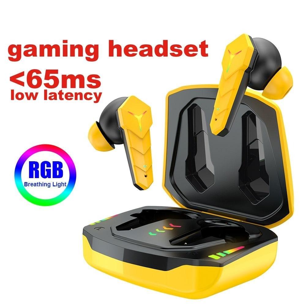 Écouteurs Gaming RGB Jaunes Bluetooth 5.0 Faible Latence Casque Stéréo Sans Fil Écouteurs Basses Avec Micro Casque Lecteur de Musique Portable Son HiFi Écouteurs Sport Avec Étui de Charge Pour Course en Extérieur Entraînement en Salle de Sport 65ms