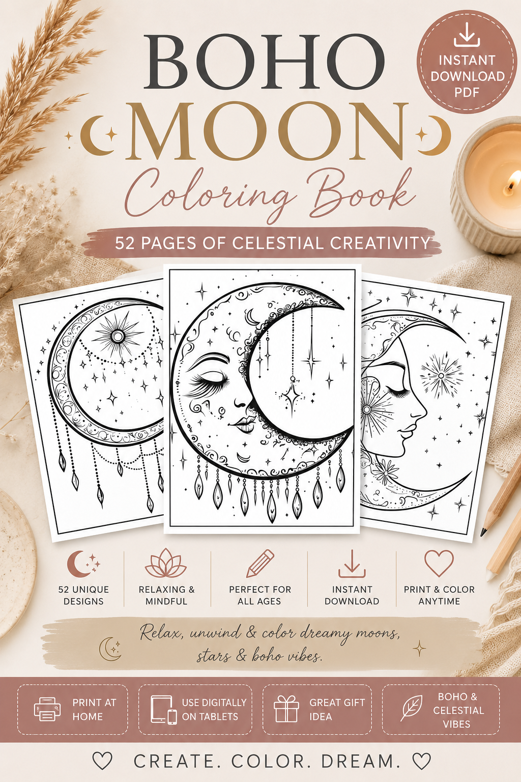 Livre de coloriage Lune Bohème – Téléchargement instantané de 52 pages
