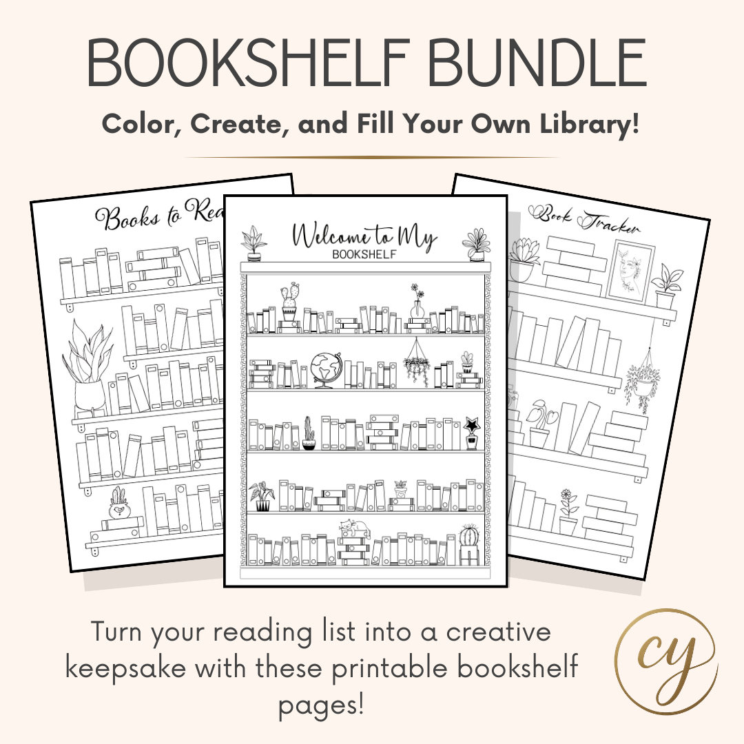 Bookshelf Coloring Pages Bundle – Printable Book Tracker (5 Unique Designs, PDF Download)