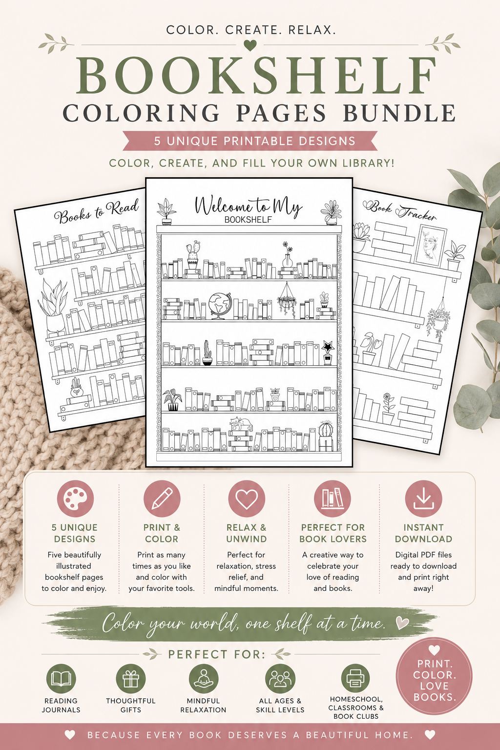 Bookshelf Coloring Pages Bundle – Printable Book Tracker (5 Unique Designs, PDF Download)