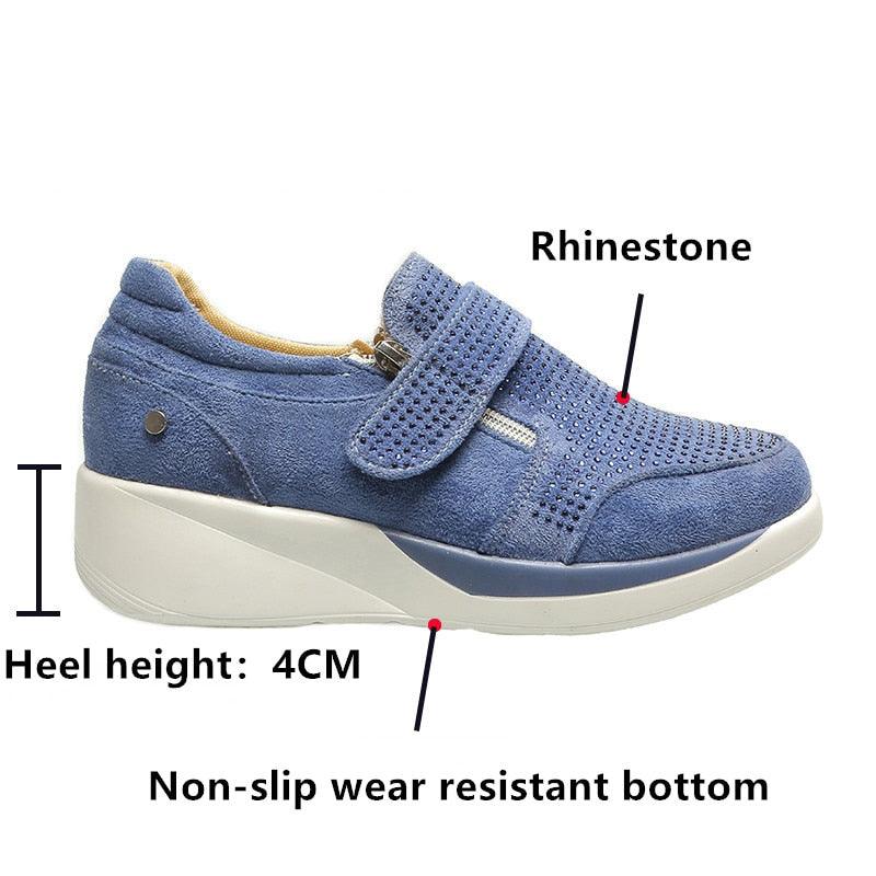 Baskets respirantes pour femme avec fermeture éclair, chaussures de sport compensées décontractées à lacets, mode, strass sur le dessus, doubles fermetures éclair, chaussures compensées, espadrilles de fitness et de marche en extérieur