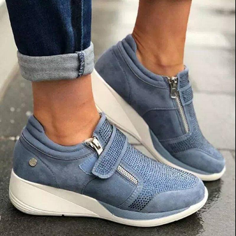 Baskets respirantes pour femme avec fermeture éclair, chaussures de sport compensées décontractées à lacets, mode, strass sur le dessus, doubles fermetures éclair, chaussures compensées, espadrilles de fitness et de marche en extérieur