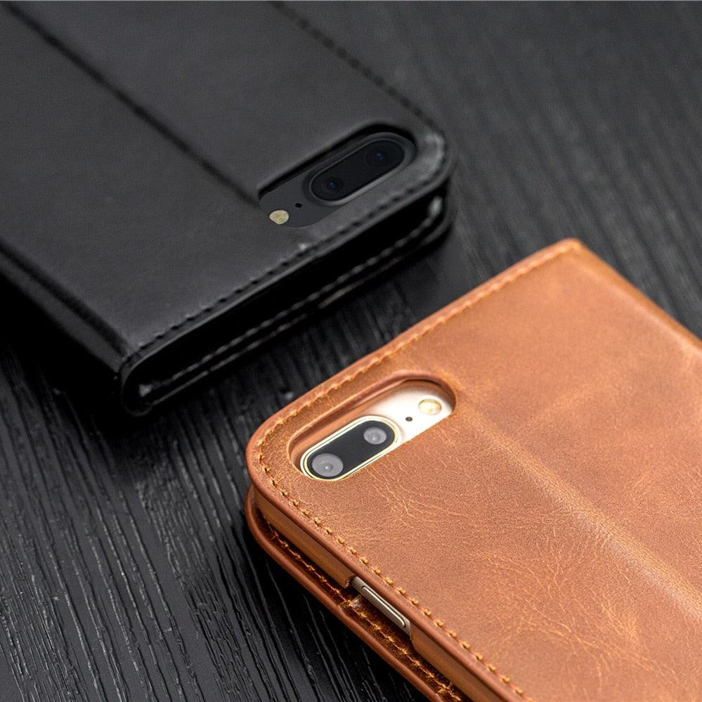 Étui portefeuille de luxe en cuir véritable marron pour iPhone, avec support et porte-cartes, pour iPhone 14 13