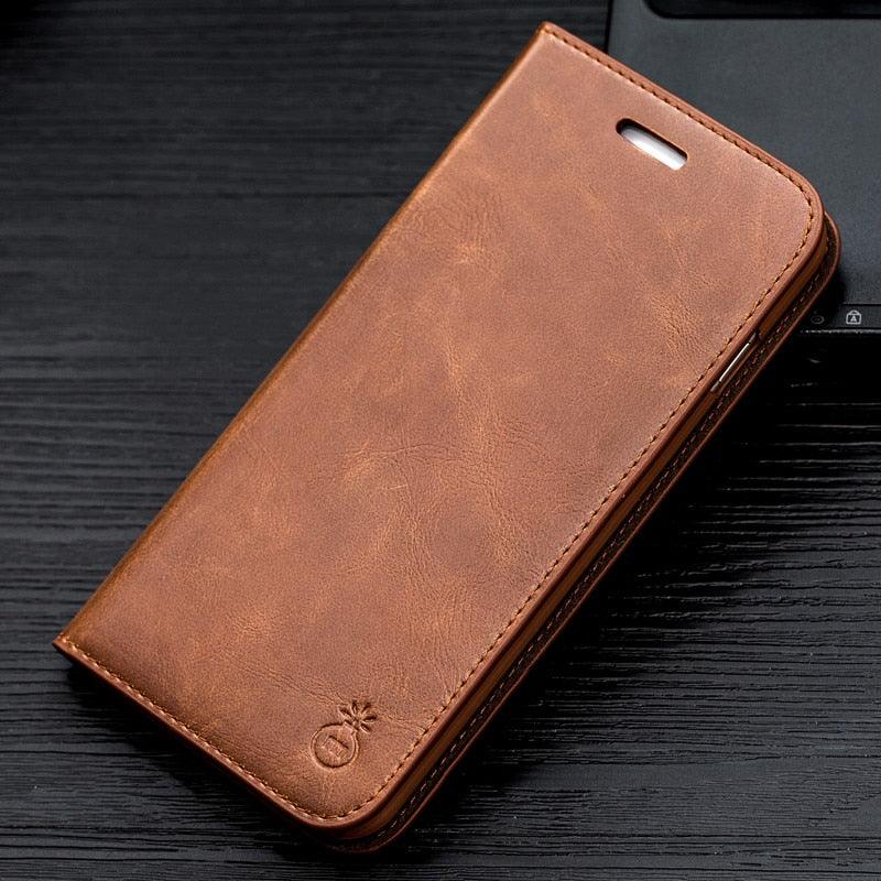 Étui portefeuille de luxe en cuir véritable marron pour iPhone, avec support et porte-cartes, pour iPhone 14 13