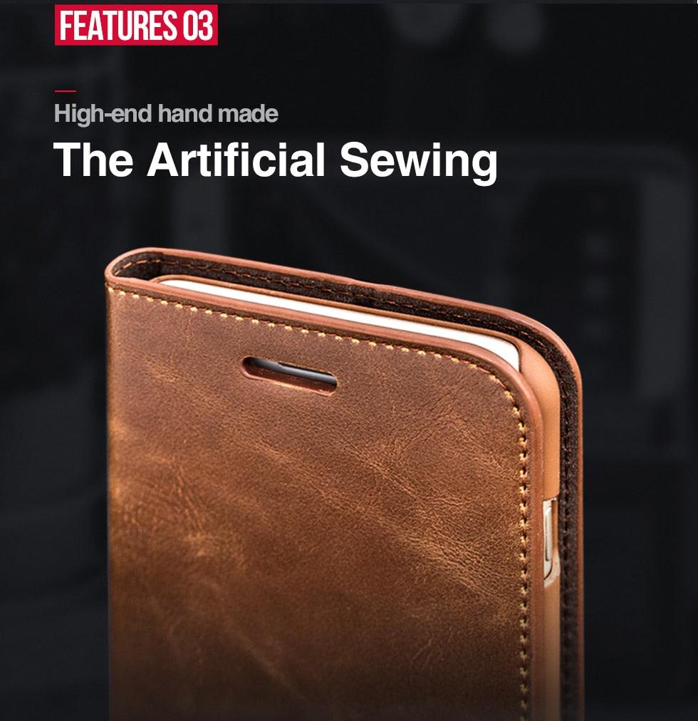 Étui portefeuille de luxe en cuir véritable marron pour iPhone, avec support et porte-cartes, pour iPhone 14 13