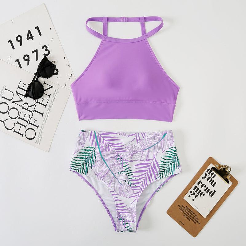 Ensemble bikini taille haute à imprimé feuilles marron 2 pièces, bikini d'été rembourré push-up taille haute, maillot de bain femme, maillot de bain deux pièces à col haut, maillot de bain de sport pour femme