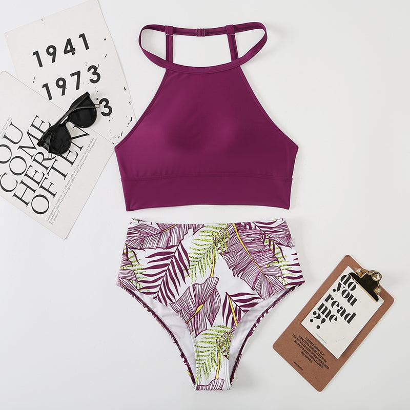 Ensemble bikini taille haute à imprimé feuilles marron 2 pièces, bikini d'été rembourré push-up taille haute, maillot de bain femme, maillot de bain deux pièces à col haut, maillot de bain de sport pour femme