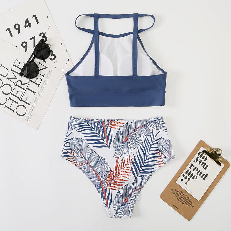 Ensemble bikini taille haute à imprimé feuilles marron 2 pièces, bikini d'été rembourré push-up taille haute, maillot de bain femme, maillot de bain deux pièces à col haut, maillot de bain de sport pour femme