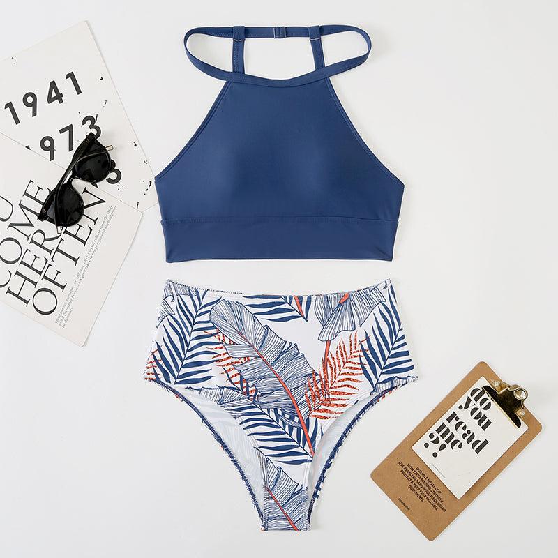 Ensemble bikini taille haute à imprimé feuilles marron 2 pièces, bikini d'été rembourré push-up taille haute, maillot de bain femme, maillot de bain deux pièces à col haut, maillot de bain de sport pour femme