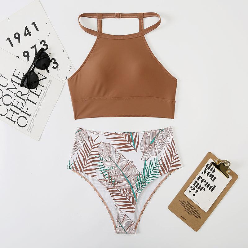 Ensemble bikini taille haute à imprimé feuilles marron 2 pièces, bikini d'été rembourré push-up taille haute, maillot de bain femme, maillot de bain deux pièces à col haut, maillot de bain de sport pour femme