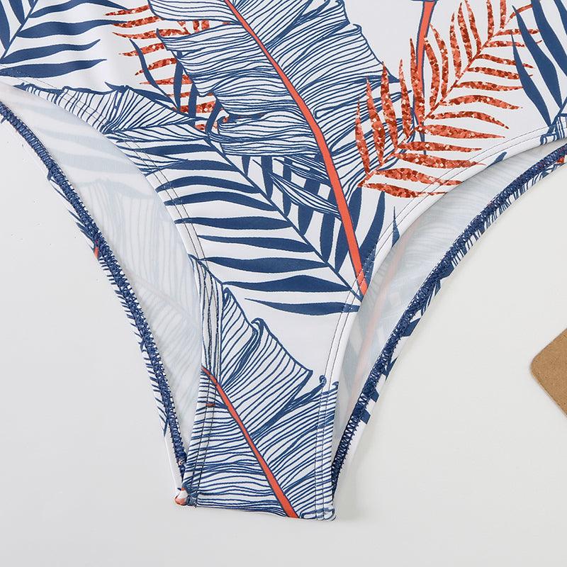 Ensemble bikini taille haute à imprimé feuilles marron 2 pièces, bikini d'été rembourré push-up taille haute, maillot de bain femme, maillot de bain deux pièces à col haut, maillot de bain de sport pour femme
