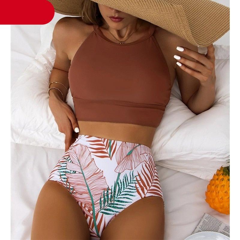 Ensemble bikini taille haute à imprimé feuilles marron 2 pièces, bikini d'été rembourré push-up taille haute, maillot de bain femme, maillot de bain deux pièces à col haut, maillot de bain de sport pour femme