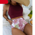 Ensemble bikini taille haute à imprimé feuilles marron 2 pièces, bikini d'été rembourré push-up taille haute, maillot de bain femme, maillot de bain deux pièces à col haut, maillot de bain de sport pour femme