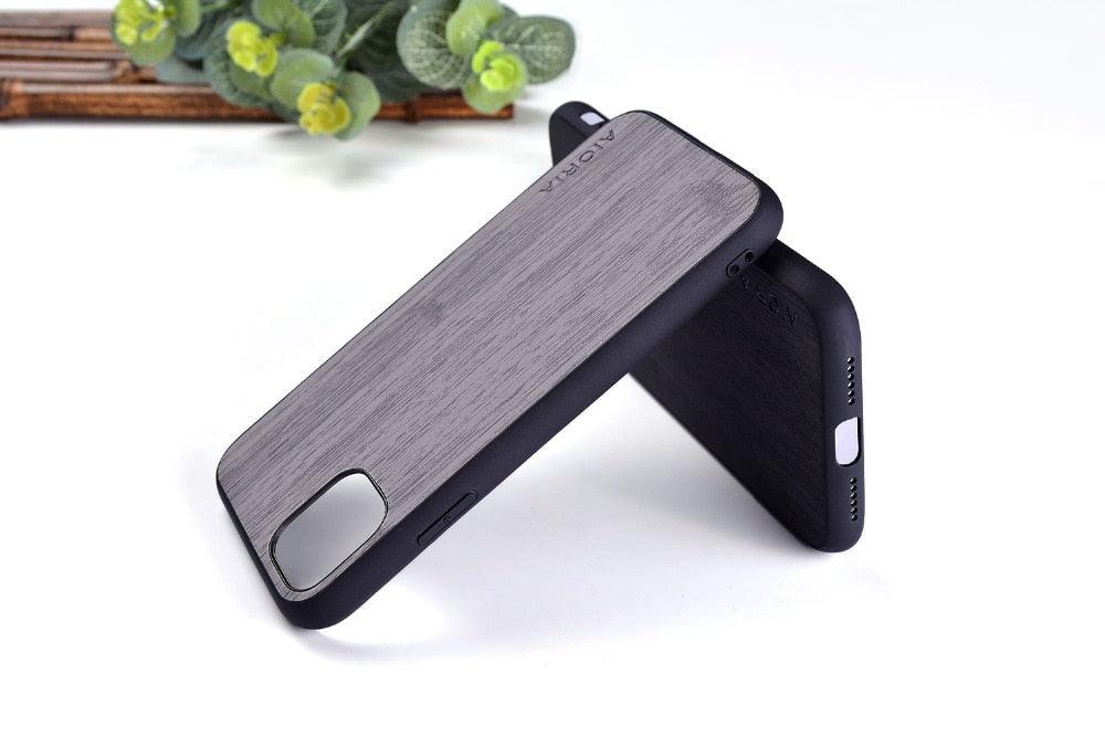 Étui fin en bois marron à prise facile pour iPhone 11 14 12 13 Pro XS Max X XR mini SE2 SE 7 6 8 6s Plus, motif bois bambou, cuir, étui vintage