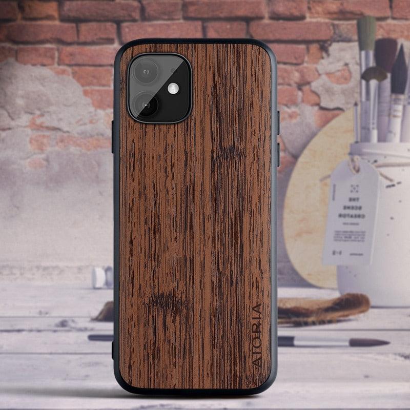 Étui fin en bois marron à prise facile pour iPhone 11 14 12 13 Pro XS Max X XR mini SE2 SE 7 6 8 6s Plus, motif bois bambou, cuir, étui vintage