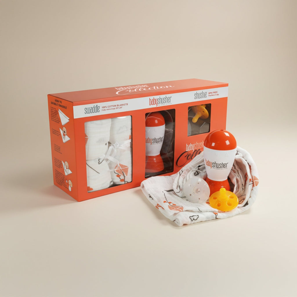 Coffret cadeau Baby Shusher – Appareil sonore, sucettes en silicone et langes en mousseline pour nouveau-nés