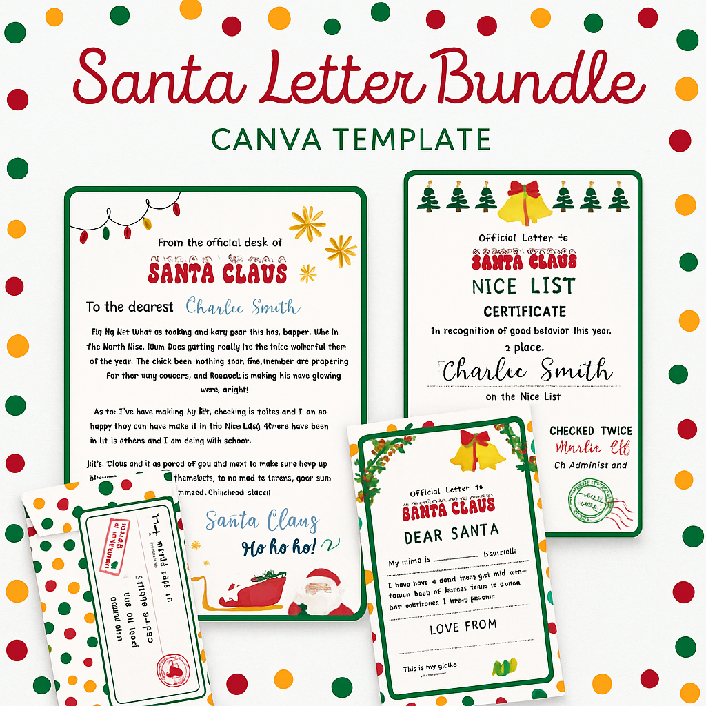 Lot de modèles Canva pour lettres au Père Noël – Certificat de la liste des enfants sages, liste de souhaits et enveloppes du pôle Nord
