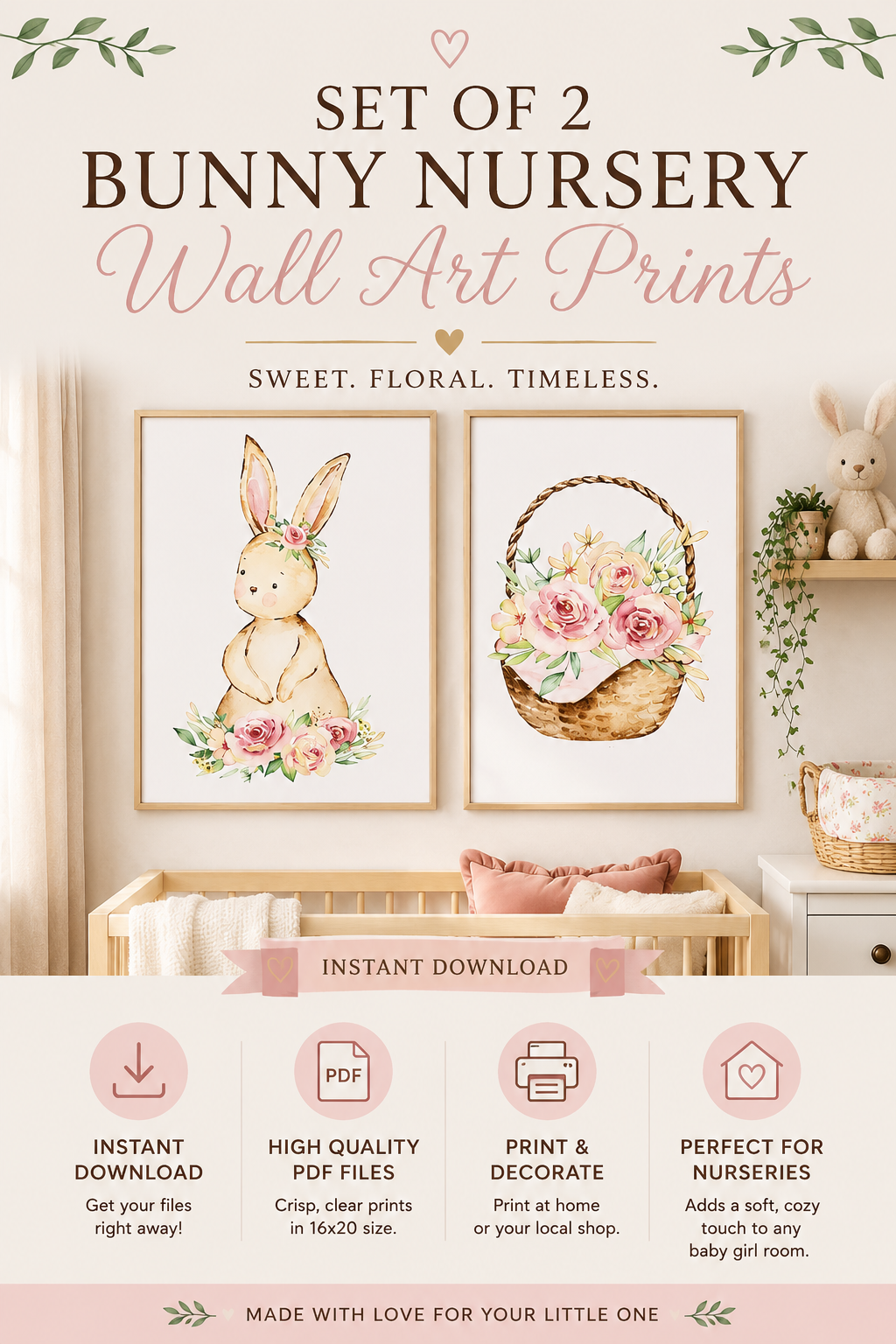 Lot de 2 affiches murales pour chambre de bébé « Lapin » – Lapin et panier fleuris 40x50 cm – Téléchargement instantané PDF – Décoration de chambre de petite fille
