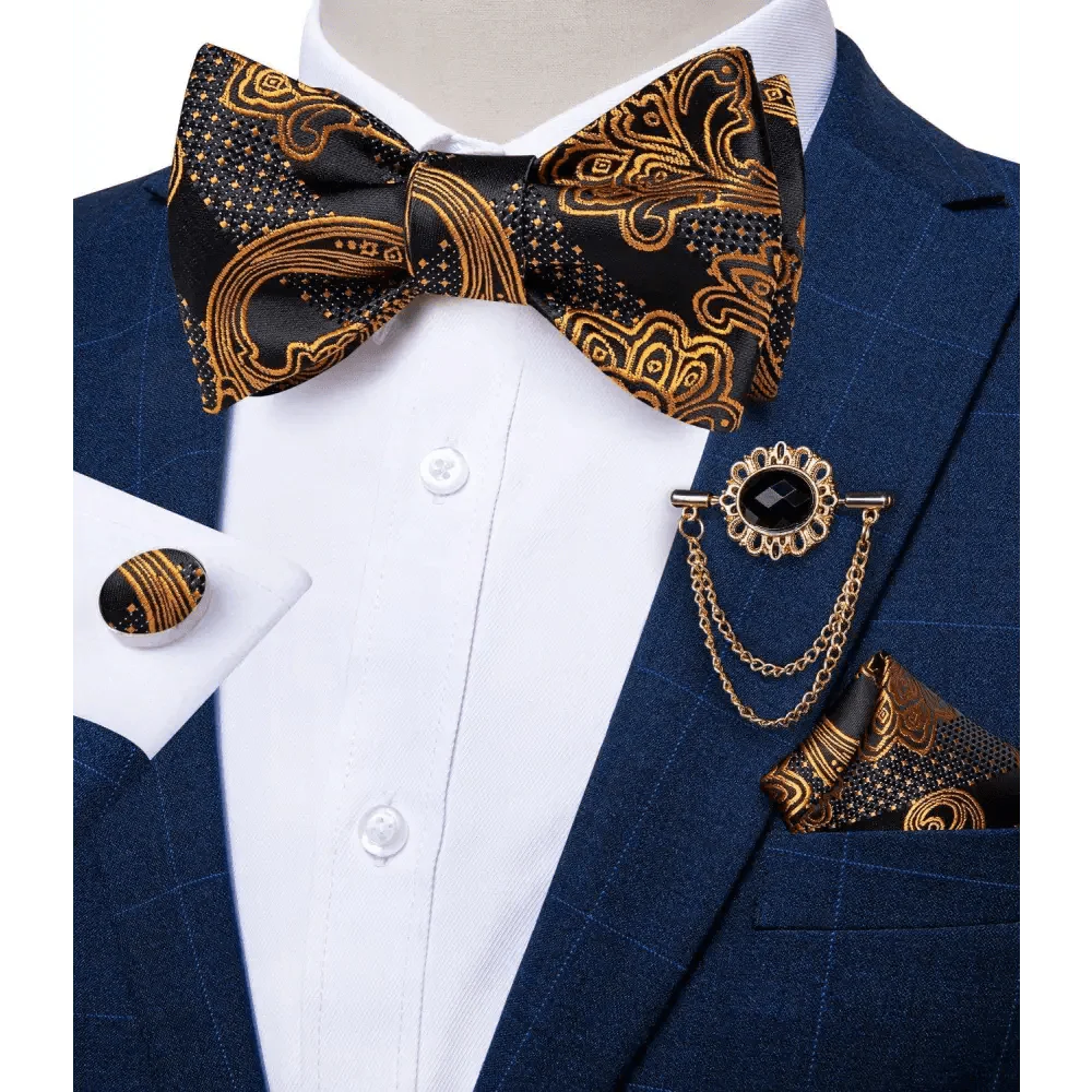 Nœud Papillon en Soie Élégant à Motif Doré et Noir pour Homme, Nœuds Papillon Papillon de Mode, Pochette Carrée, Cravate Classique pour Costume et Mariage, Ensemble de Mouchoirs