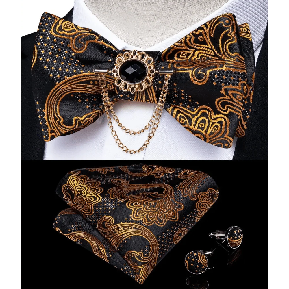 Nœud Papillon en Soie Élégant à Motif Doré et Noir pour Homme, Nœuds Papillon Papillon de Mode, Pochette Carrée, Cravate Classique pour Costume et Mariage, Ensemble de Mouchoirs