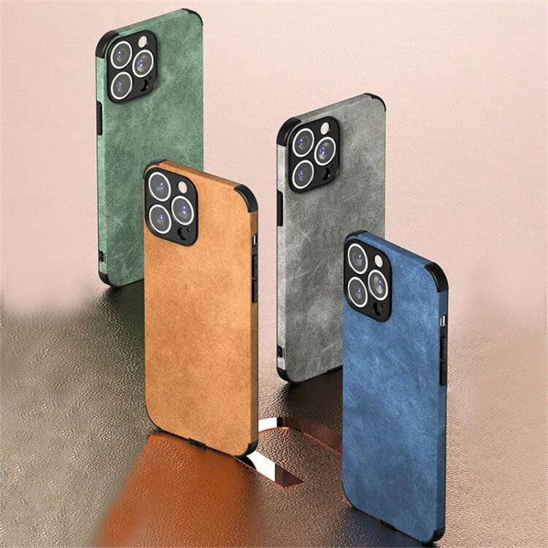 Coque de téléphone en cuir PU pour iPhone 13 12 11 14 Pro Max Mini XR XS X, étui de protection en silicone antichoc, coque arrière rigide en cuir ultra fine et résistante aux rayures pour iPhone