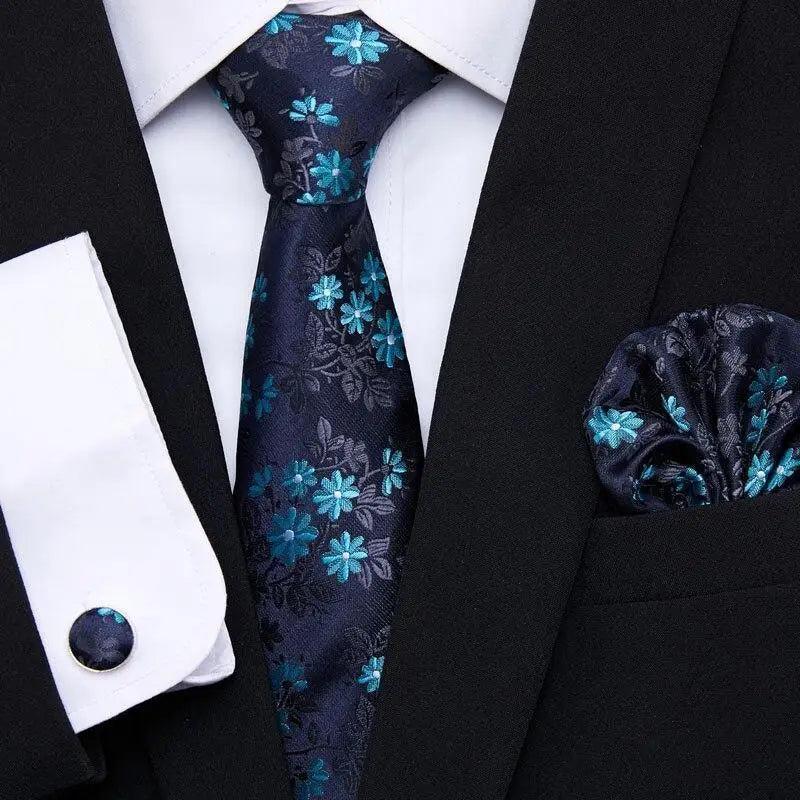 Ensemble cravate et boutons de manchette en soie de luxe pour hommes, avec mouchoir, pour un port décontracté et quotidien, cravates florales classiques pour hommes, ensemble mouchoir et boutons de manchette pour mariage.