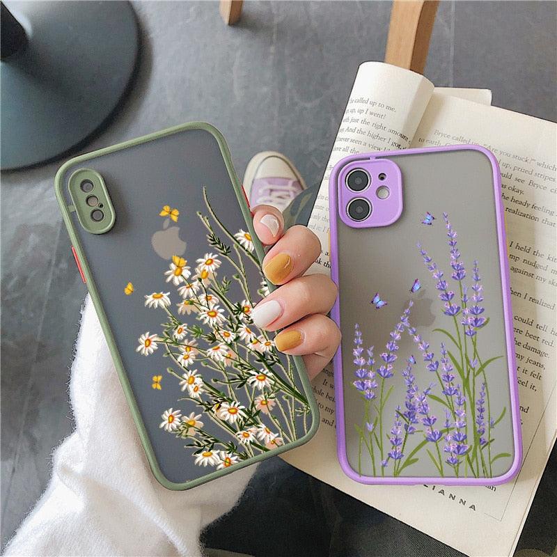 Coque de téléphone Lavande Papillon pour iPhone 13 mini 14 pro max, Coque rigide antichoc, Motif floral, Protection d'objectif intégrée, Beau design, Coque arrière transparente pour iPhone