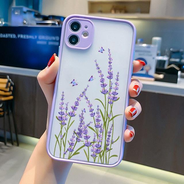 Coque de téléphone Lavande Papillon pour iPhone 13 mini 14 pro max, Coque rigide antichoc, Motif floral, Protection d'objectif intégrée, Beau design, Coque arrière transparente pour iPhone