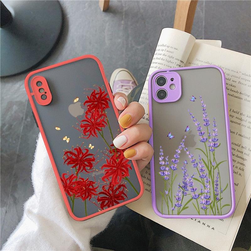 Coque de téléphone Lavande Papillon pour iPhone 13 mini 14 pro max, Coque rigide antichoc, Motif floral, Protection d'objectif intégrée, Beau design, Coque arrière transparente pour iPhone