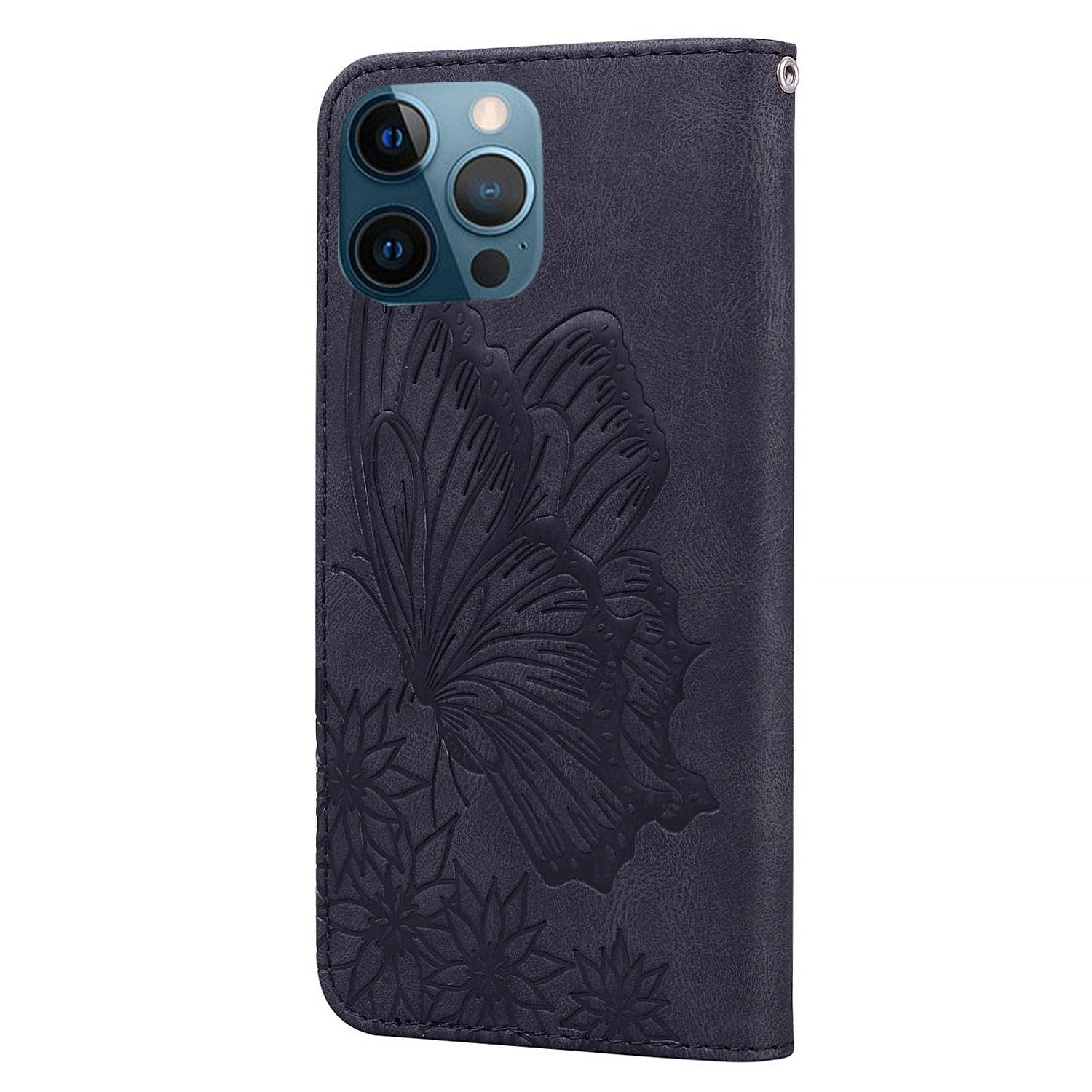 Étui portefeuille en cuir papillon pour iPhone 14 X XS XR 13 12 11 Pro Max 12 MINI, étui portefeuille en cuir PU motif papillon et fleurs, étui à rabat magnétique antichoc.