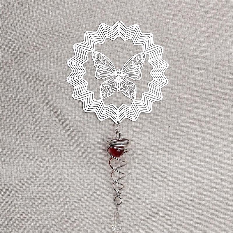 Carillon éolien papillon avec boule à facettes, queue en spirale, métal 3D rotatif, papillon en acier inoxydable, carillon éolien en métal, pendentif de Noël, carillon en spirale à suspendre, décoration de jardin, cour, maison