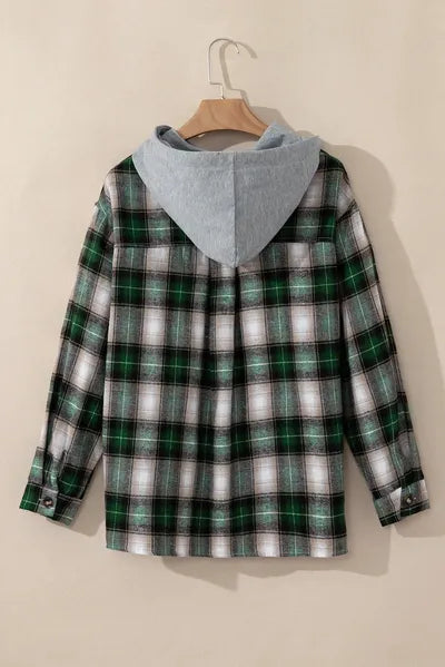 Veste à Capuche Plaid Vert Foncé avec Cordon de Serrage et Poches – Confortable et Tendance, Vêtement d'Extérieur à Carreaux Pour Toutes Saisons