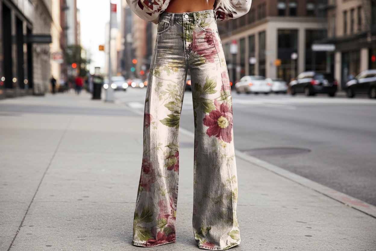 Pantalon évasé imprimé pour femmes – Taille mi-haute longueur cheville grandes tailles