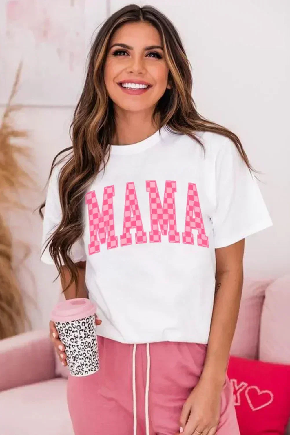 T-shirt à carreaux blancs avec lettres MAMA