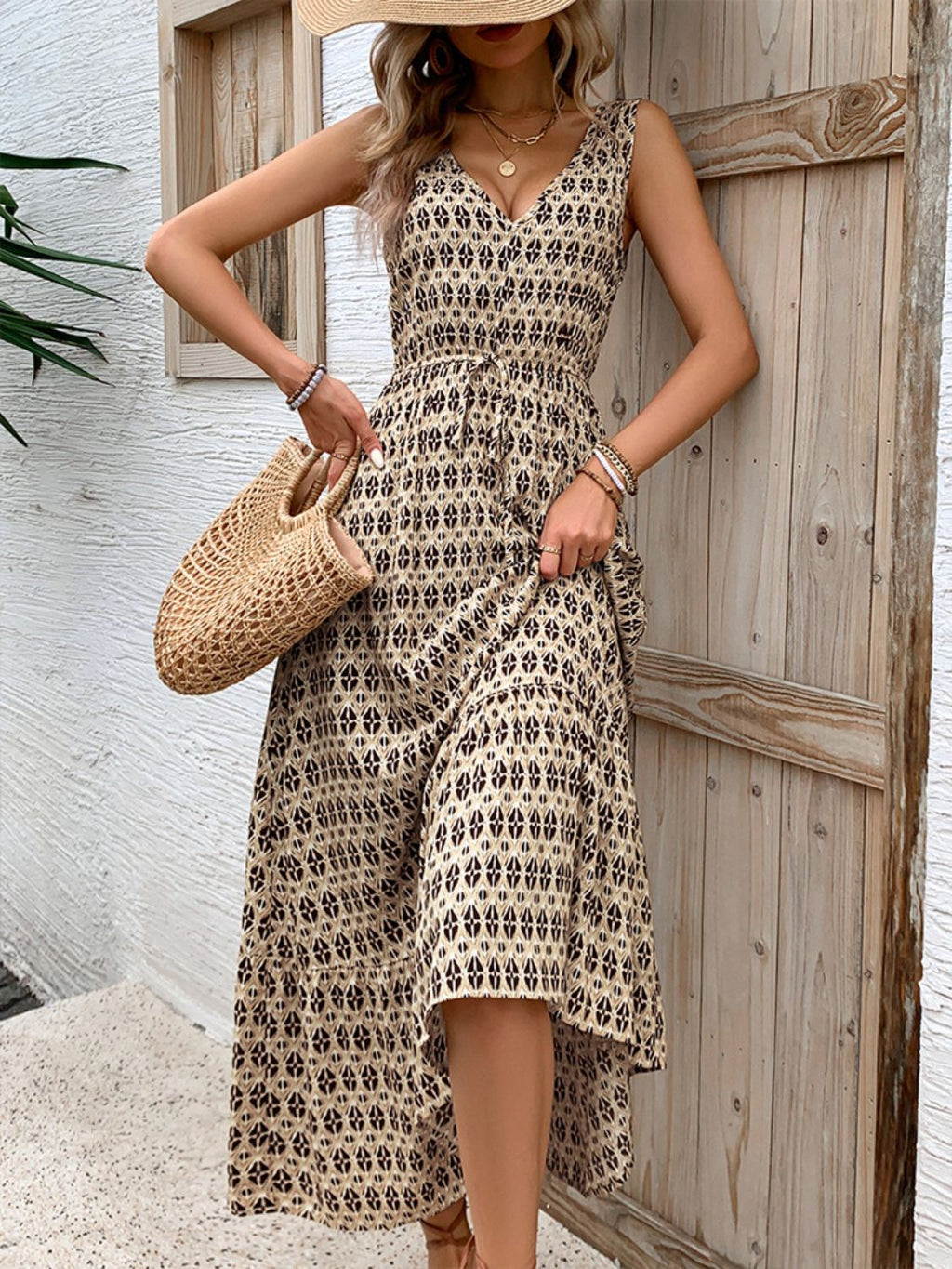 Robe midi vintage imprimée à col en V, nouée à la taille, légère, tendance et élégante pour femme