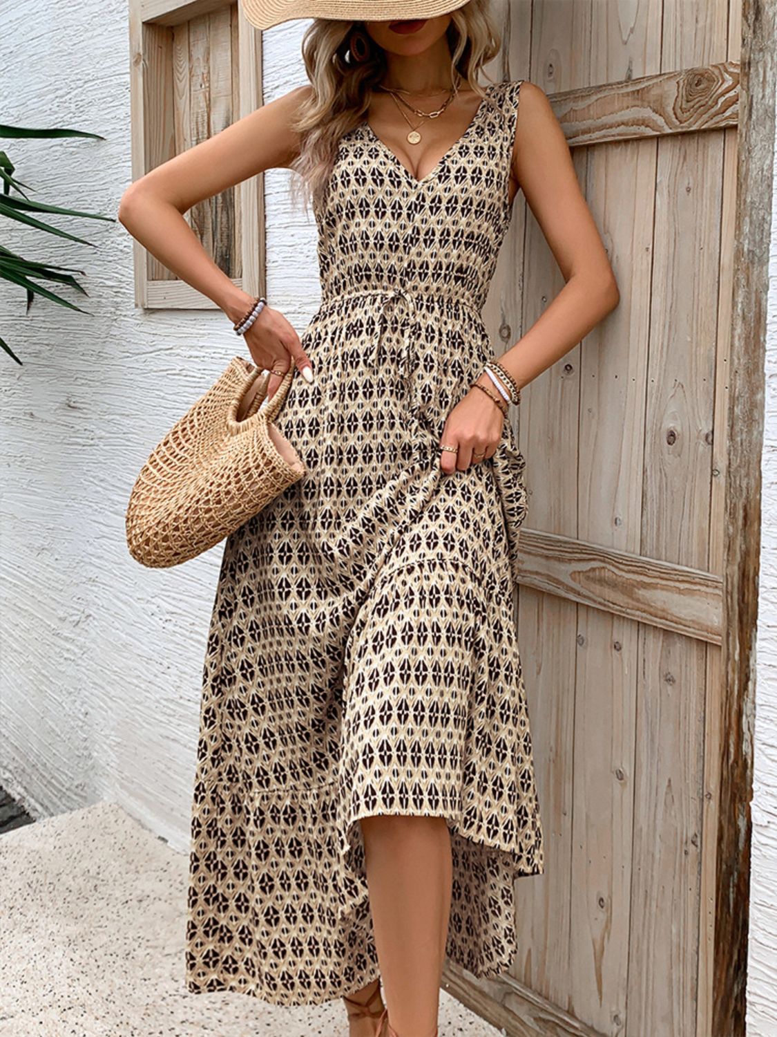 Robe midi vintage imprimée à col en V, nouée à la taille, légère, tendance et élégante pour femme