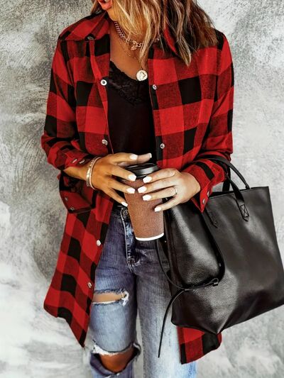 Veste à carreaux rouge foncé à col avec boutons-pression et manches longues – Vêtement d'extérieur classique et tendance avec poches
