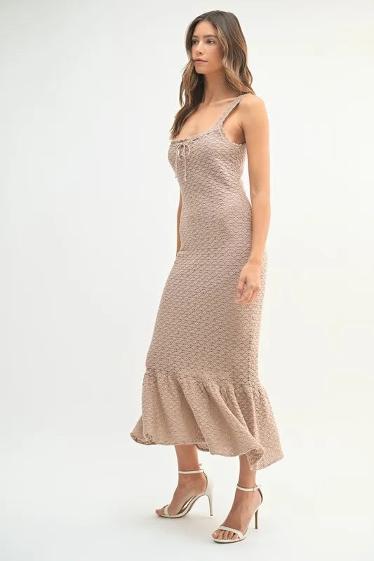 Ruffled Hem Sleeveless Crochet Knit Midi Dress For Women – Crochet Knit Dress, Ruffled Hem Dress, Sleeveless Midi Dress, Summer Dress, Elegant Knit Dress
