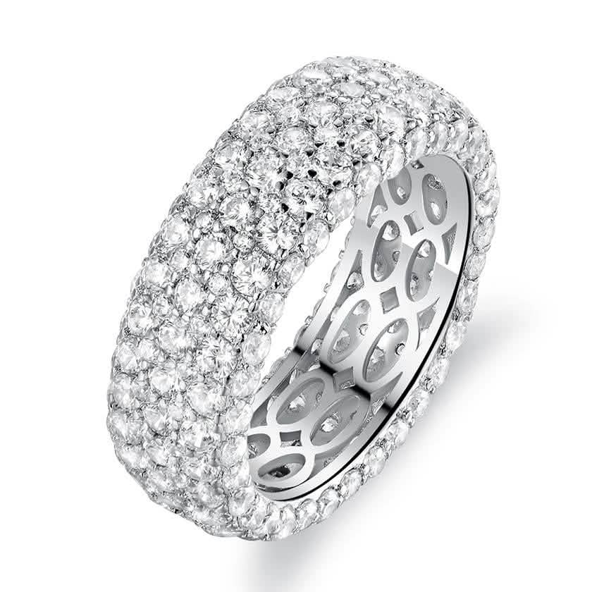 Bague éternité à cinq rangs plaquée or blanc 18 carats fabriquée avec des éléments Swarovski