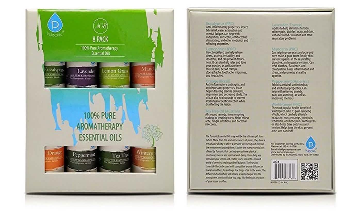 Lot de 8 : Coffret d'Huiles Essentielles d'Aromathérapie 100 % Pures Pursonic