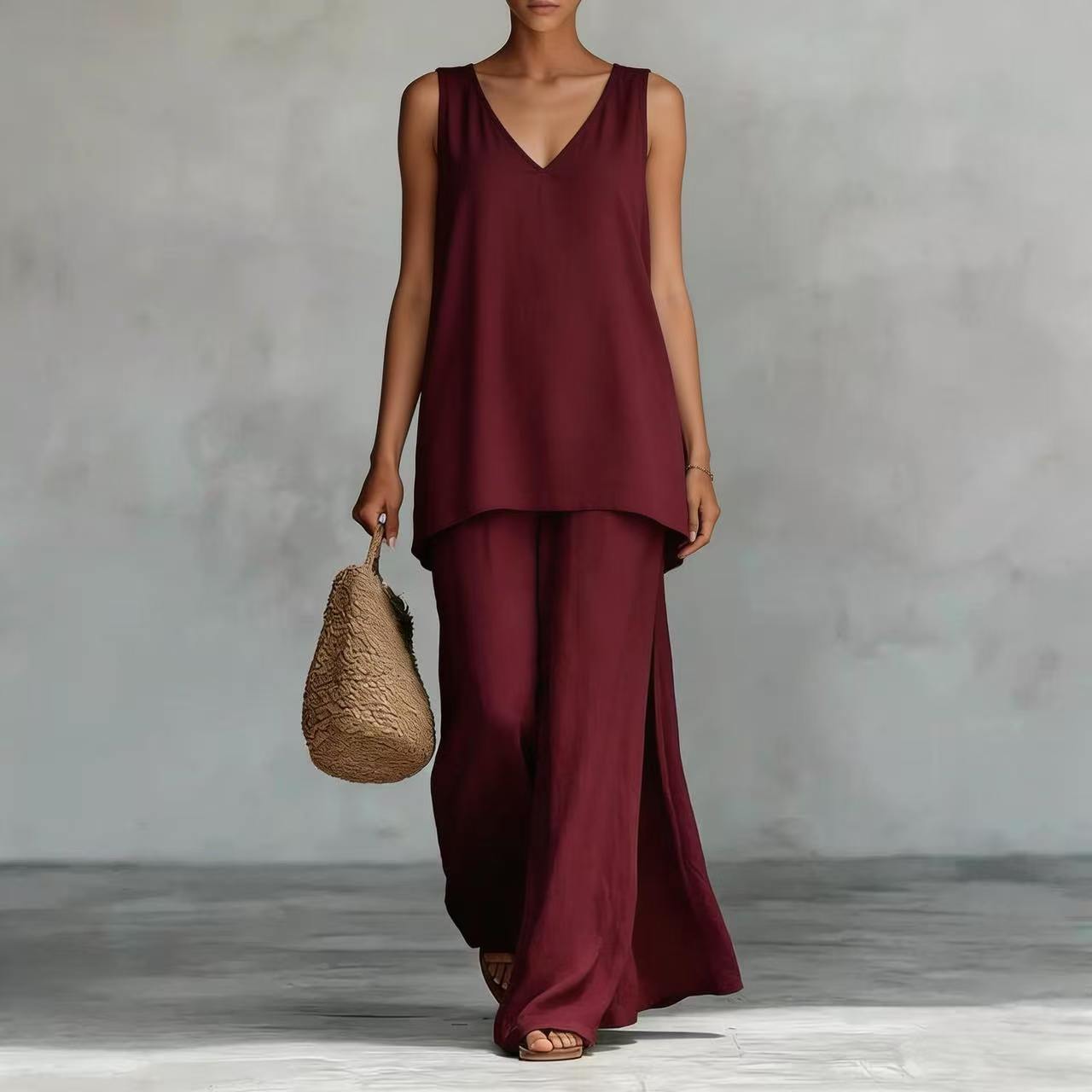 Ensemble pantalon large et gilet à col en V bohèmes imprimés en 3D pour femme