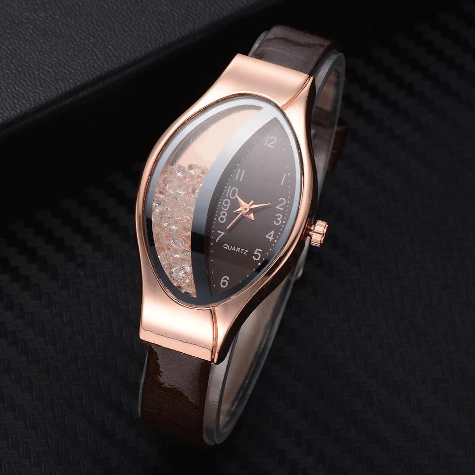 Montre de luxe Ellipse en PU à bracelet en cuir pour femmes, montre-bracelet à quartz sport en strass pour femmes et jeunes filles