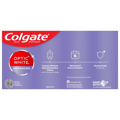 Colgate Optic White Advanced Teeth Whitening Toothpaste, 2% Hydrogen Peroxide Toothpaste, Sparkling White, 4.5 Oz, 2 Pack