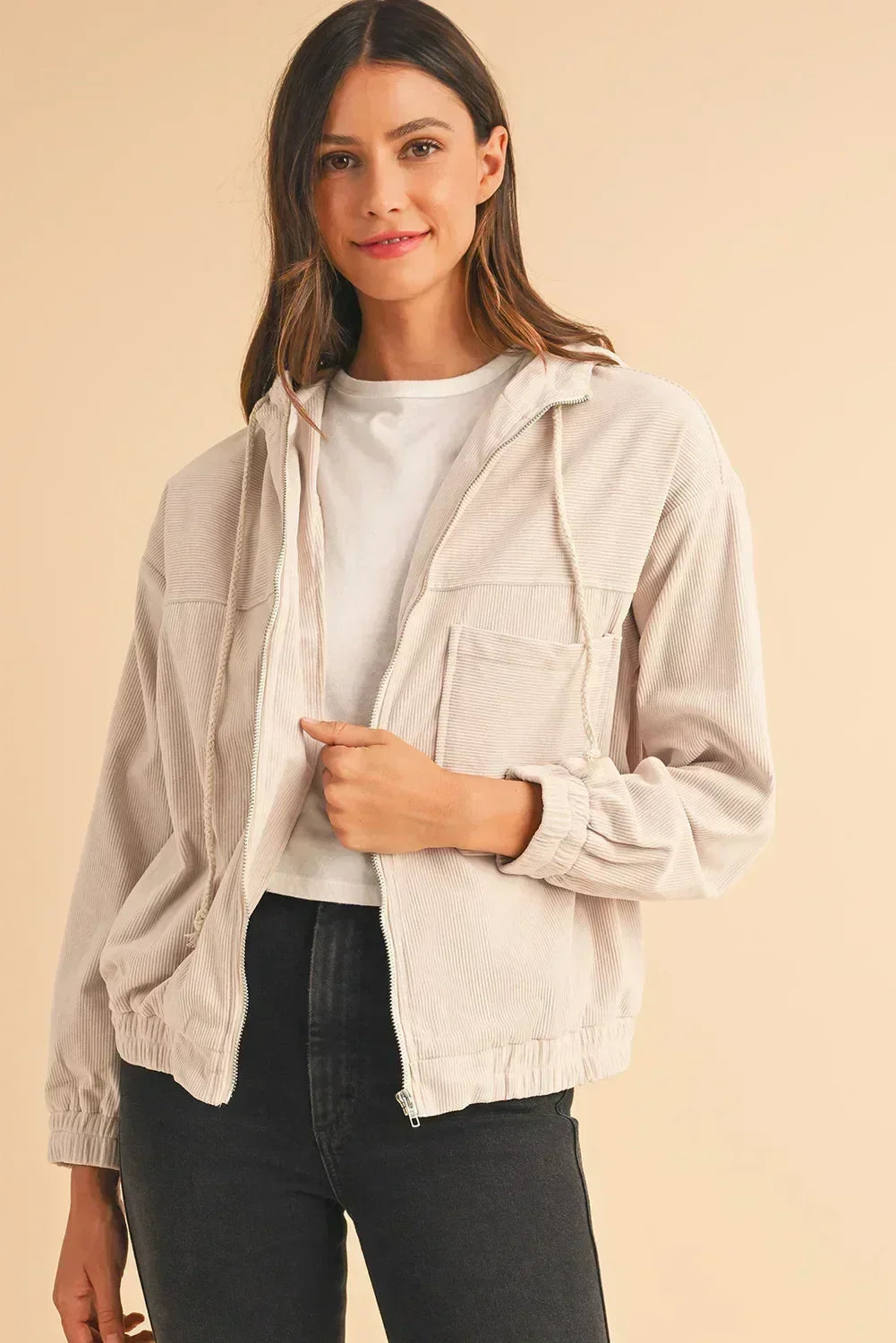 Veste à capuche zippée en velours côtelé bleu sarcelle véritable – Femstylo