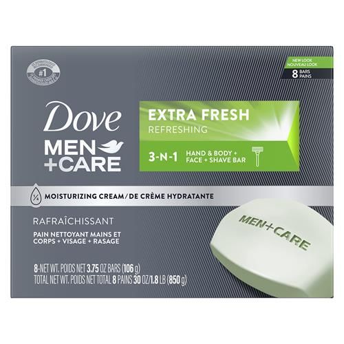 Dove Men+Care Nettoyant en Barre 3-en-1 Corps, Visage et Rasage Pour Nettoyer et Hydrater la Peau Extra Frais Nettoyant Corps et Visage Plus Hydratant Qu'un Savon en Barre 106 g 8 Barres