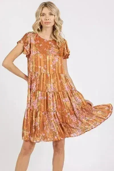 Robe caramel étagée à manches volantées imprimé fleuri – femstylo