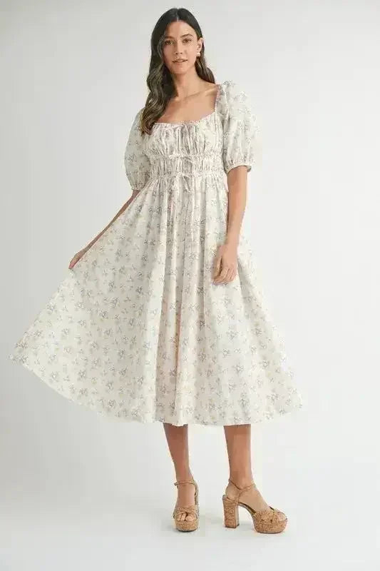 Robe midi MABLE à manches bouffantes avec cordon de serrage et motif floral