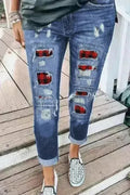 Jean boyfriend droit déchiré à carreaux bleu tendance