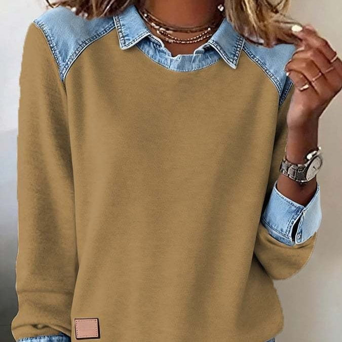 Pull en maille style patchwork avec col en jean – Style urbain pour femme